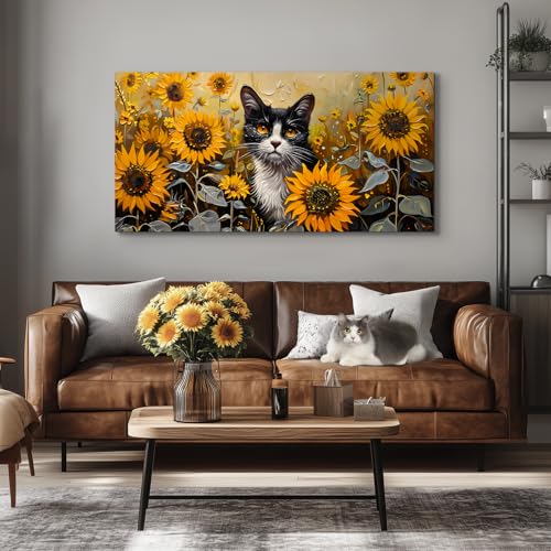 SERIMINO Large Wall Art for Living Room, Sunflower Cat Modern Home Decor Canvas Prints, Flower Field Landscape Pictures Wall Decor, Cute Animal Dining Room Bathroom Office Decor Paintings 30"X60"