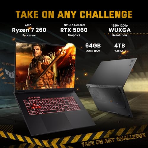 Image of ASUS TUF A18 18 inch WUXGA 144Hz Gaming Laptop, AMD Ryzen 7 260, GeForce RTX 5060 8GB GDDR7, 64GB DDR5, 5TB Storage(4TB SSD+1TB Docking Station), Backlit Keyboard, FHD IR Camera, Wi-Fi 6E, Win11 Pro, Gray
