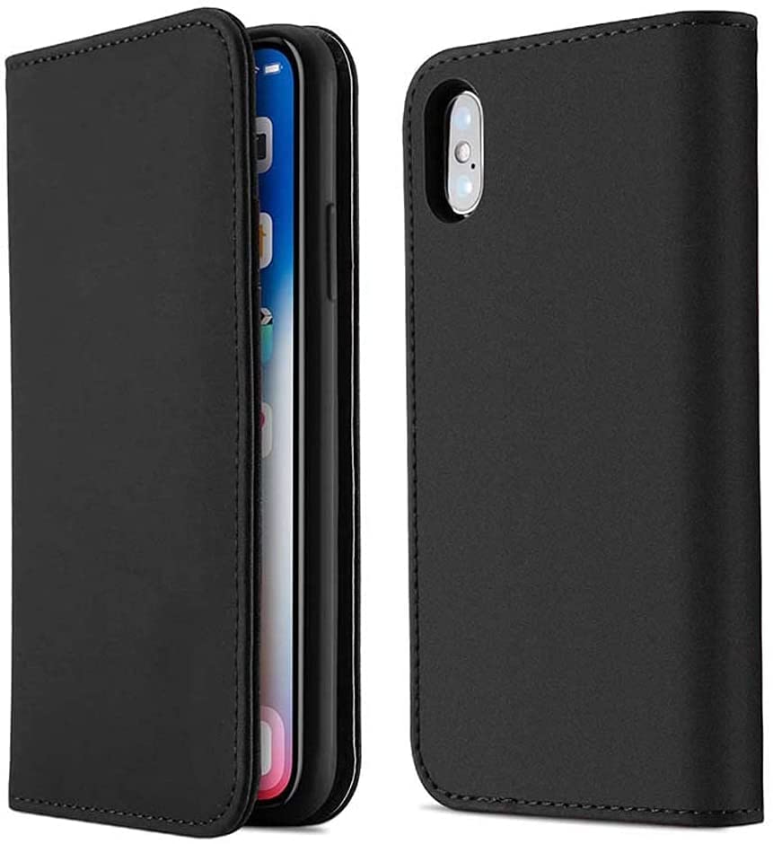 Funda para iPhone SE 2020 de piel auténtica negra CEKGDB con tapa y soporte