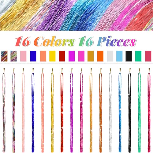 image for BEAHOT 16 Colors Hair Tinsel Kit With Fake Tattoos,48 Inches 3200 Stra