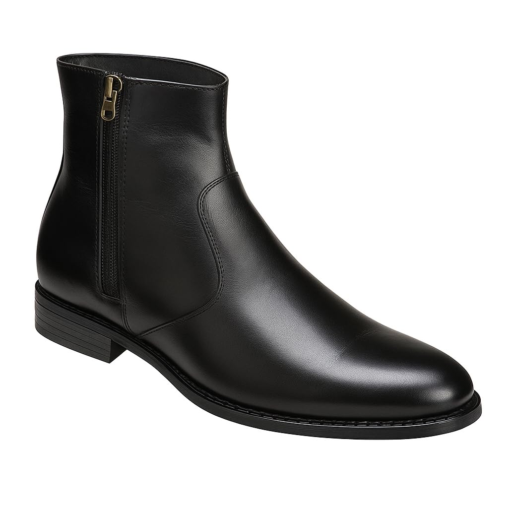 Height Increasing Elevator Pure Leather Black High Ankle Zipper Shoes with Guaranteed 3 Inch Height Incease (1.25 Inches Outer Sole and 1.75 Invisible Insole)-image-28