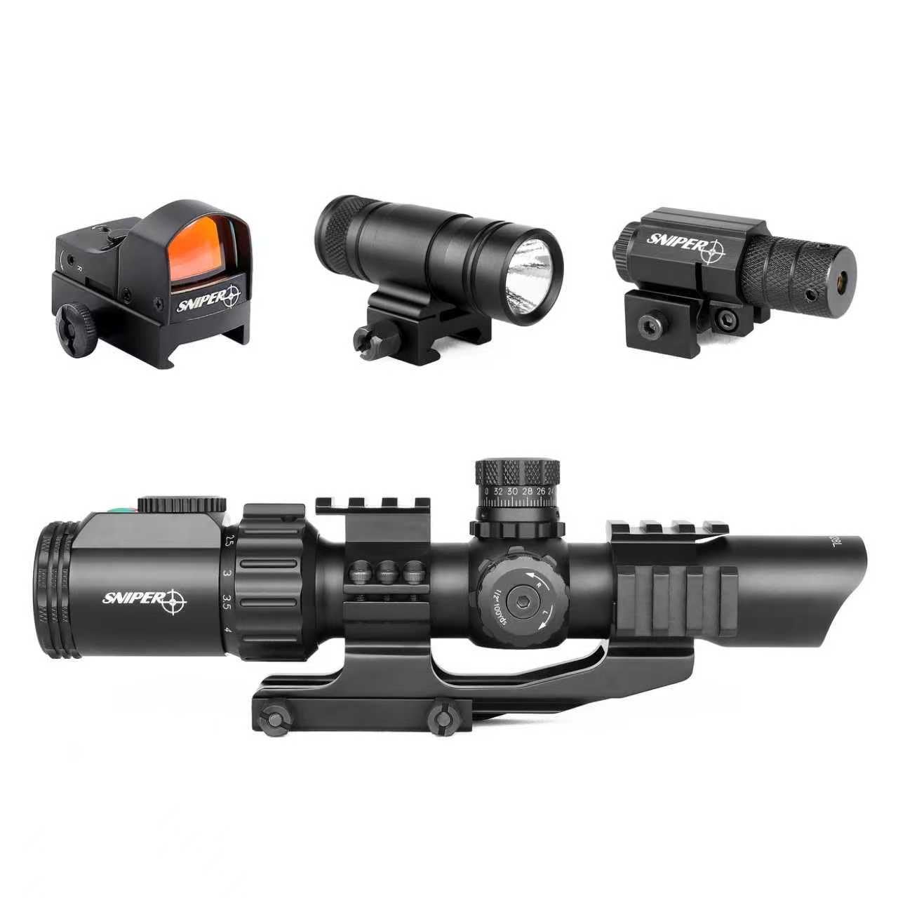 Sniper Rifle Scope 1-4X28 LPVO Scope with Laser Sight Red Dot Flashlight Combo (ST1-4X28L)