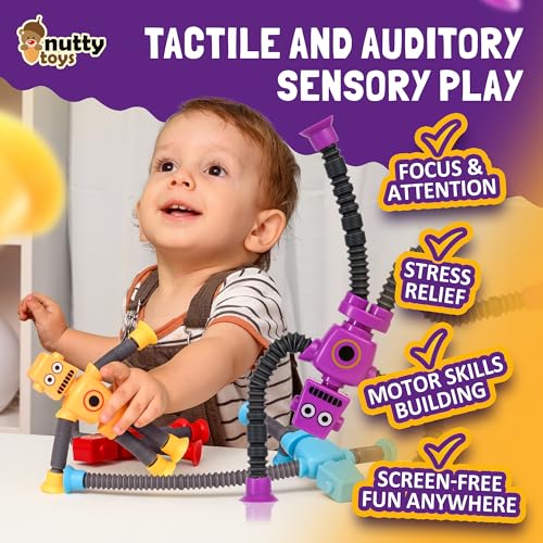 nutty toys Sensory Robot Toys 4pk - Top Pop Tubes Fidget 2026 for ADHD & Autism Ages 3 4 5 6 7 8 9 10 11 12, Best Kids Travel Essentials Idea, Unique Toddler & Tween Gifts, Boy Easter Basket Stuffers