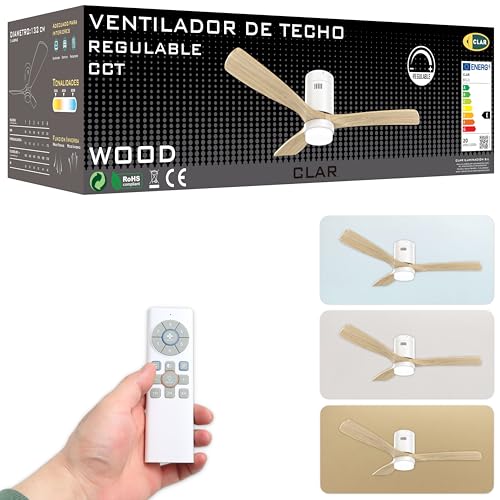 CLAR - Ventilador de techo con luz LED 20W, motor DC silencioso, 3 aspas de madera natural, 6 velocidades, control remoto, función reversible, diseño moderno blanco (132 cm)