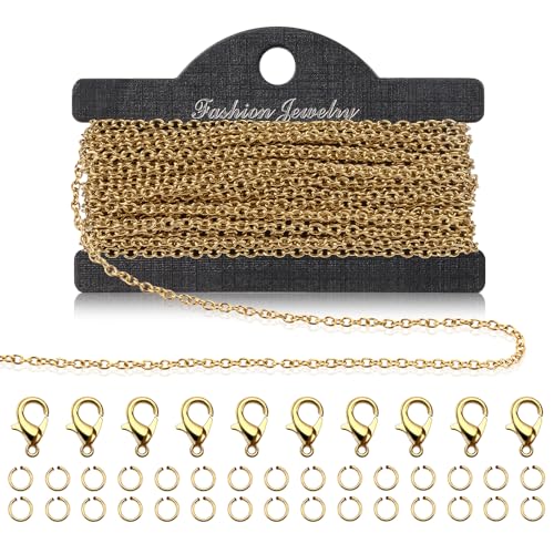 5m Chaînes Doré, 2x3mm Chaîne en Acier Inoxydable pour Création Bijoux Avec 10 Fermoirs à Homard et 20 Anneaux Saut Kit Fabrication Bijouxs pour DIY...