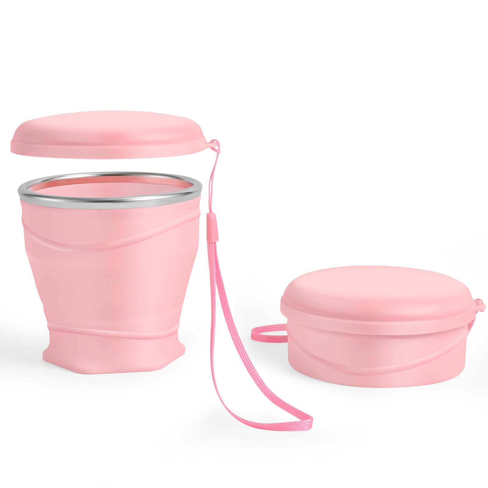 Faltbarer Silikon-Reisebecher 260 ml mit Staubschutz Rosa | Lebensmittelecht & BPA-frei, für kalte und heiße Getränke, mit Staubschutz, Edelstahlrand & Kordel, wiederverwendbar