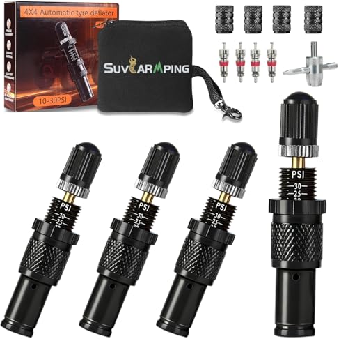 SUVCARMPING Adjustable Auto-Stop Tire Deflator Valve Kit (10-30 PSI) 4 PCS Screw-on Tyre Air Down Tool for Offroad 4x4, Black