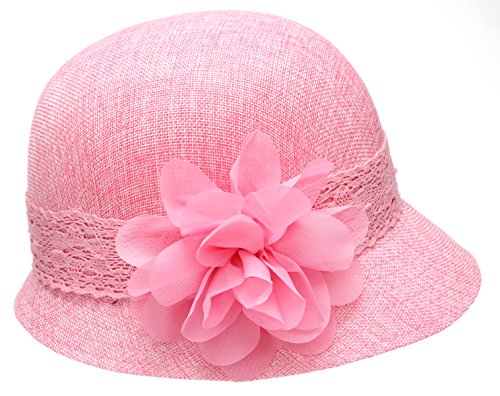 Gorro cloche de lino para mujer con banda de encaje y flor miniatura 2