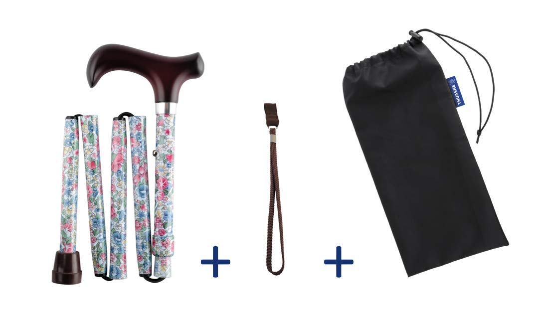 Thuasne - MaPetiteGehstock Fantasie, bunt, verstellbar, zusammenklappbar in 5 Teile, Derbygriff aus Holz, mit Handschlaufe und Tasche, begleitet den Alltag – Motiv Liberty
