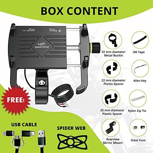 Image of GRAND PITSTOP Mobile Holder for Bikes, Motorcycle, Scooter, Bicycles, Claw Jaw Grip with Charger Bike Mobile Holder, Aluminium Holder for Maps and GPS Navigation & 360 Rotation Phone Mount-Black