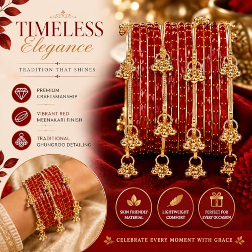 Image of JPS 16 Pcs Trendy Stylish Glass & Kashmiri Ghungroo Bangles Set for Women & Girls | Gold-Plated Traditional Festive Wedding Party Jewellery Chudi Set (12 Glass + 4 Metal)
