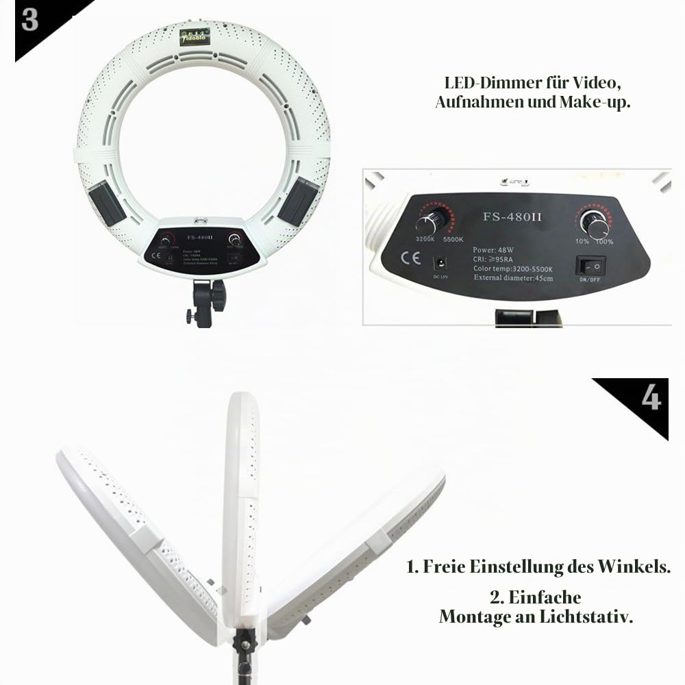 18 "LED Ringlicht Kit zweifarbig dimmbar Fotostudio Video Portrait Film Selfie Youtube Fotografie Beleuchtungsset mit Handy- / Kamerahalter, Kosmetikspiegel, Ständer und Reisetasche