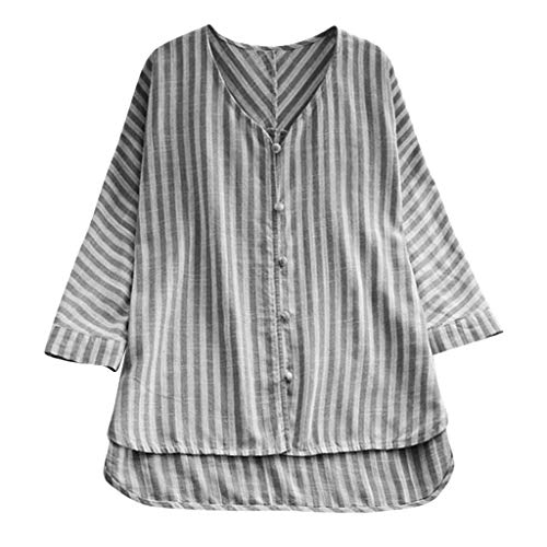 DressLksnf Camiseta Talla Grande Moda para Mujer Tops de Lino Camisa Cómodo Camisero con Volante de Rayas Cuello V Top Básico Suelto Blusa con Botón