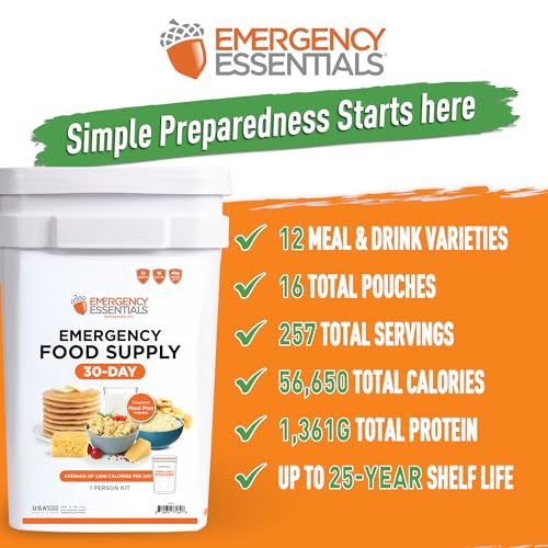 Image of Emergency Essentials 1-Month Emergency Food Supply Bucket, 257 Servings, 56,650 Calories | Long-Term Survival Food Kit for Disaster Preparedness, Camping, and Power Outages