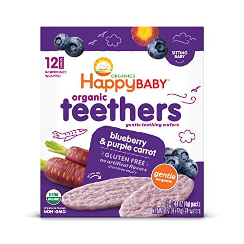Happy Baby Gentle Teethers Organic Teething Wafers Blueberry Purple Carrot, 0.14 Ounce Packets (Box of 12) Soothing Rice Cookies for Teething Babies Dissolves Easily, Gluten Free No Artificial Flavor