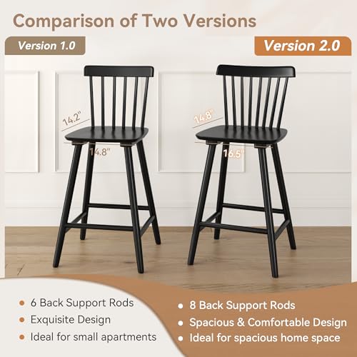 LUE BONA Upgraded Windsor Wooden Black Bar Stools Set of 2, 24 Inch Counter Height Barstools with Spindle Back/Bigger Seat for Kitchen Island