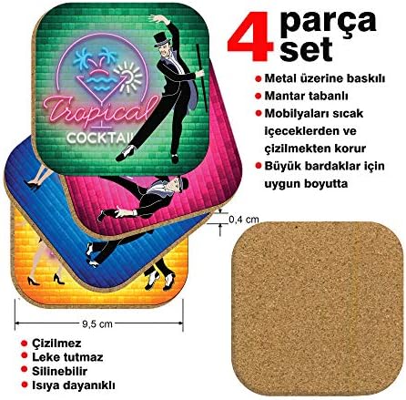 Pictor Gift Hediyelik Metal Mantar Tabanlı Drink Up Kokteyl 4'lü Bardak Altlığı Seti - Görsel 6