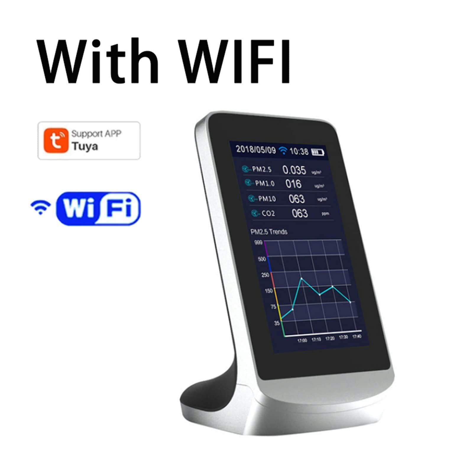 Rilevatore di Gas, CO2 Rilevatore d'Aria Multifunzione for Interni Monitor di qualità del Gas TVOC Misuratore di anidride carbonica CO2 Misuratore di analizzatore USB(DM72 with WiFi)