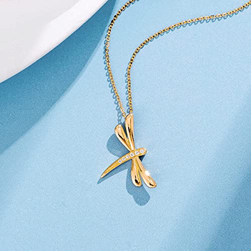 FANCIME 14K Real Solid Gold Necklace with Dragonfly Diamond Pendant Fine Jewelry Promise Anniversary Birthday Christmas Gifts for Her Women Girls Adjustable Chain 16"+2"4