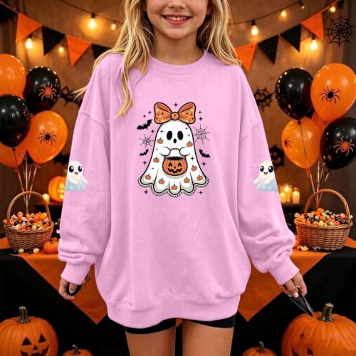 Girls Bow Ghost Pumpkin Bucket Spider Web Halloween Crewneck Sweatshirt - image 2