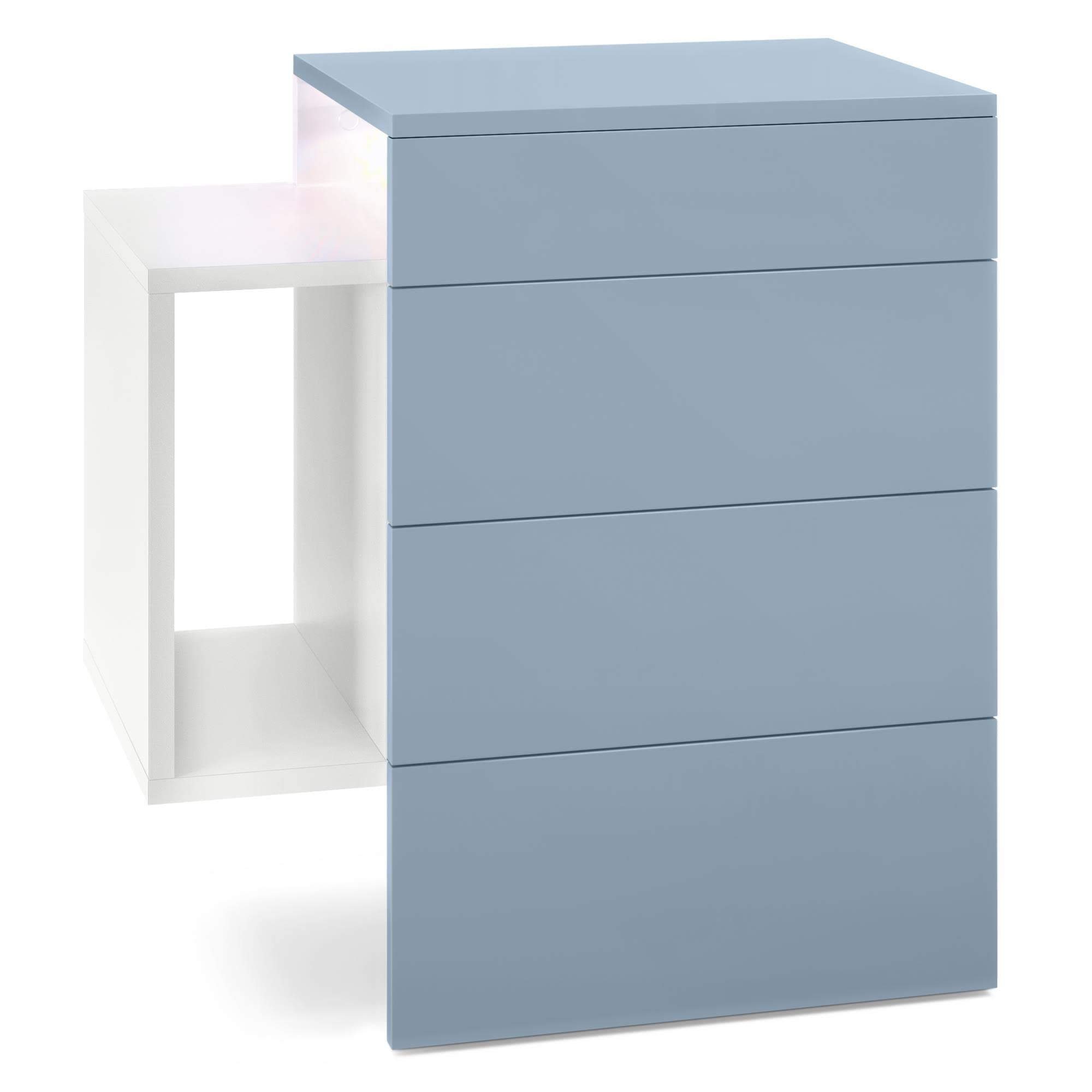 Vladon Nachttisch Queens, Made in Germany, Nachttischschrank mit 2 Schubladen und 1 seitlichem Fach zur Wandmontage, Weiß matt/Denim matt, inkl. LED Unterbaustrahler weiß (60 x 63 x 36 cm)