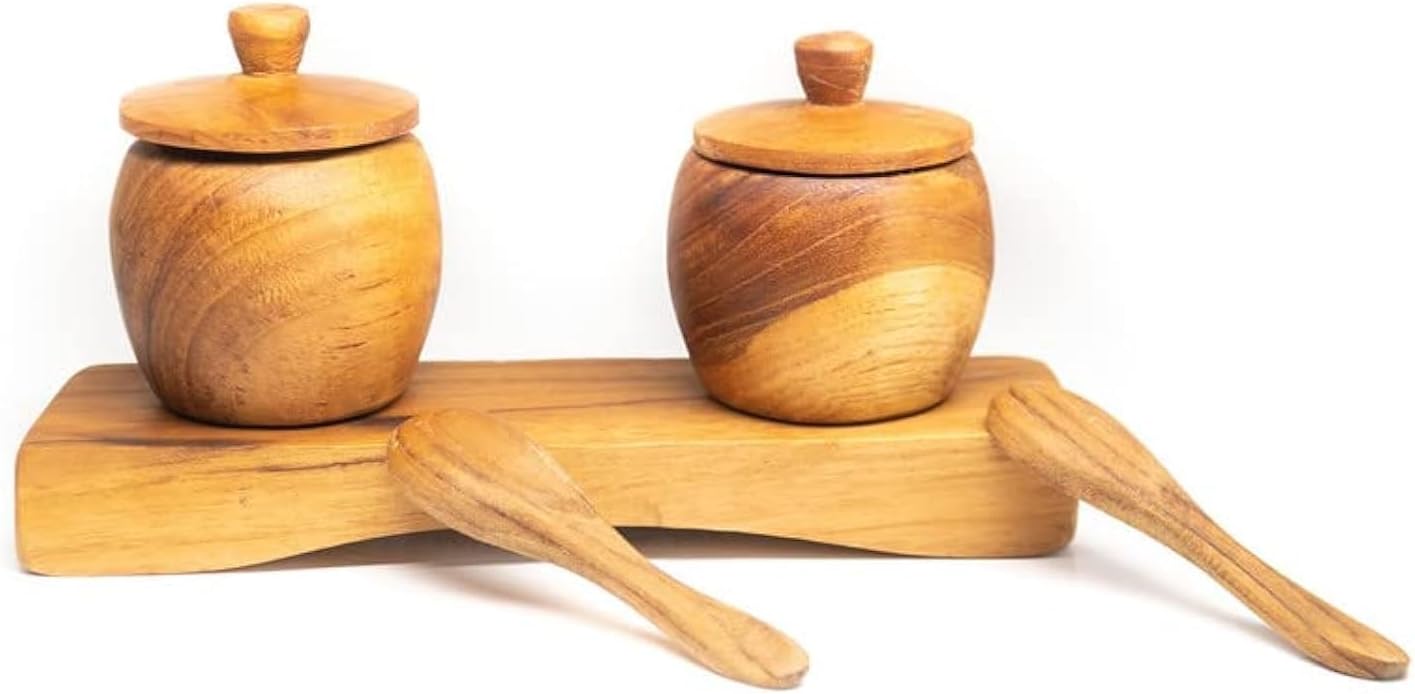 Rainforest Bowls Set of 2 Javanese Teak Wood Spice Jars w/Tray, Lid & Spoons- Perfect for Storing/Serving Salt & Spices, Durable- Exclusive Luxury Custom Design Handcrafted by Indonesian Artisans