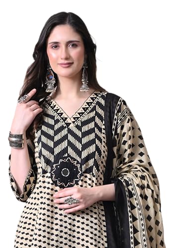 Image of MEERA FAB Women's Cotton Straight Kurta Set, Floral Print with Yoke, with Dupatta and Pants