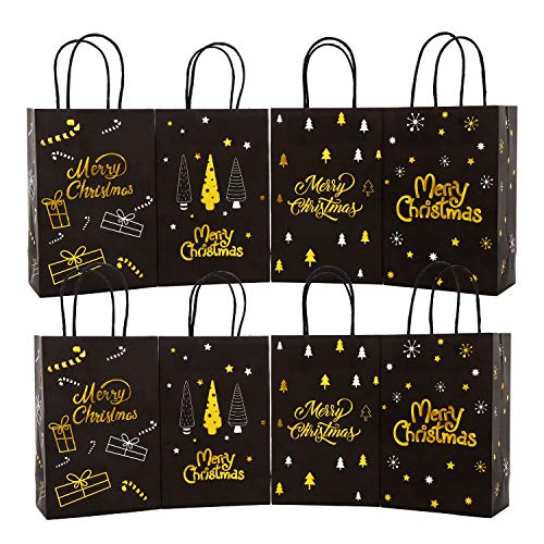 VEYLIN 24Pack Christmas Paper Bags, Luxurious Black Gold Xmas Bags with Handle for Wrapping Gifts