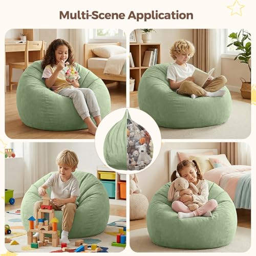 Image of Stuffed Animal Storage Bean Bag Chair Cover for Kids (No Filler), Soft Comfy Velvet Beanbag Chair Cover Machine Washable, Kids Bean Bag Chair with Handle for Living Room Bedroom Dorm, Green