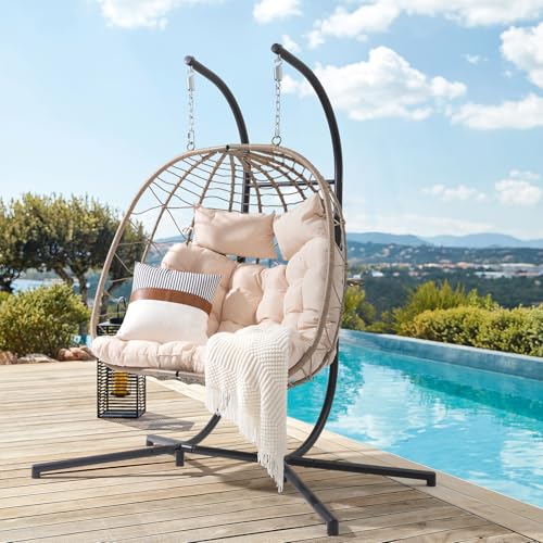 Patiorama 2 Person Double Egg Swing Chair with Stand Indoor Outdoor, Patio Wicker Rattan Hanging Egg Chair w/Cushion, Pillow, Foldable Hammock Chair 550lbs for Bedroom, Balcony, Garden (Beige)