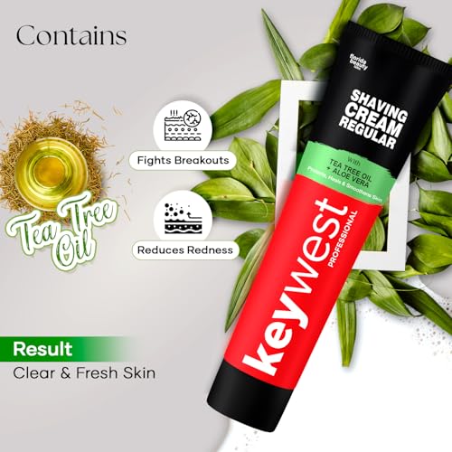Image of Keywest Regular Shaving Cream 125gm for Men All Skin Types | Enriched with Tea Tree Oil & Aloe Vera | Protects, Heals & Smoothens Skin | Prevents Razor Burns