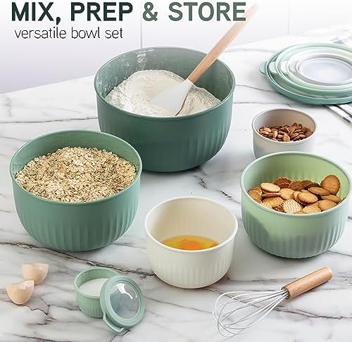 COOK WITH COLOR Prep Bowls with Lids- Wide and Deep Nesting Plastic Small Mixing Bowl Set with Lids, 12 Piece Set - Deep Bowls, Sage - Thumbnail 3