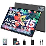 SUAAT Tablet Android 15 mit 64GB RAM+2TB TF,10,1-Zoll-Bildschirm,Octa-Core,Gemin AI,WiFi 6, Bluetooth 5.0, Dual Camera 8MP+5MP, 1280 * 800 HFD, Cast, OTG, Type C, mit Hülle,Play Store-Schwarz