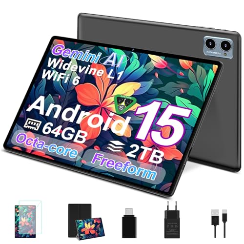 SUAAT Tablet Android 15 mit 64GB RAM+2TB TF,10,1-Zoll-Bildschirm,Octa-Core,Gemin AI,WiFi 6, Bluetooth 5.0, Dual Camera 8MP+5MP, 1280 * 800 HFD, Cast, OTG, Type C, mit Hülle,Play Store-Schwarz