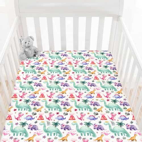 Image of HawSkgFub Watercolor Pink Purple Dinosaur Fitted Standard Crib Sheet for Baby Girl, Tropical Dino Lover Toddler Mattress Cover, Soft Breathable Stretchy Nursery Bed Sheets Decor Kids Gift 52" x 28"
