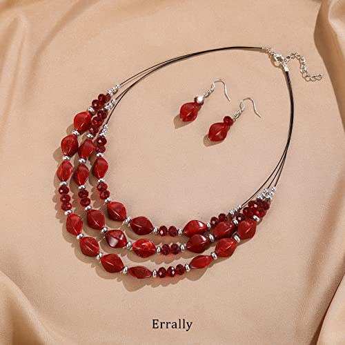 3 Layered Chunky Statement Necklace For Women Beaded Strand Necklaces With Earring Fashion Costumes Collar Necklace Jewelry Sets Gifts For Women(Red) #TOP1