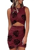 Acelitt Women's Ladies Sexy Sleeveless Leaf Print Hollow Out Twist Front Bodycon Dress Wrap Slim Fit Basic Solid Party Evening Dresses Light Red L