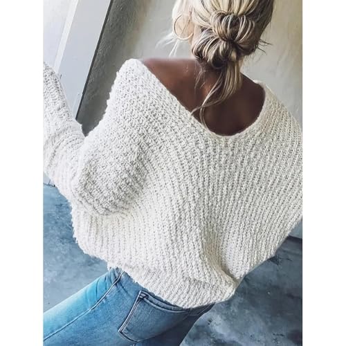 Women's Off-The-Shoulder Sweater Loose Lightweight Pullover Top V-Neck Hollow Knitted Long-Sleeved Solid Color Autumn 5