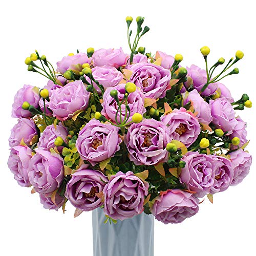 MZMing [4 Piezas] Flores de Peonía Artificial Flor de Peonía Falsa Arreglos Florales Ramo de Novia Flor de Seda con Brotes y Hojas para Casa Cocina Oficina Jardín Boda Fiesta Decoración - Púrpura