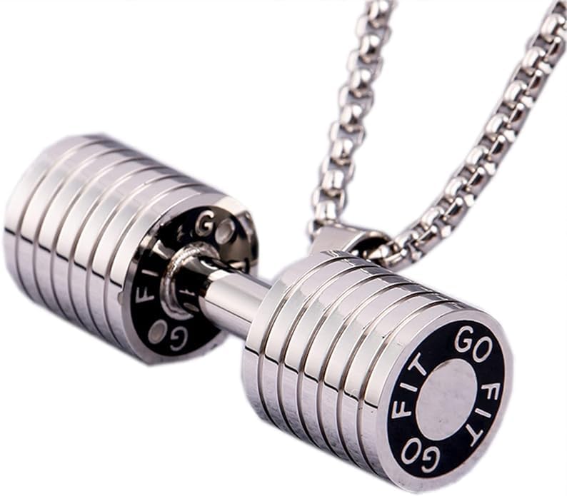 El Regalo Stainless Steel Gym Fitness Dumbbell Pendant Necklace for Boys/Men- Go Fit Motivational Fitness Sports Jewelry for Gym Lovers