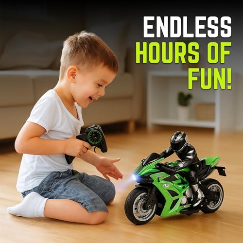 Liberty Imports 2.4G RC Remote Control Stunt Motorcycle with Riding Figure, 1:10 Scale High Speed Cross Country 360 Degree Rotation Drift Shockproof Racing Motorbike (Green)