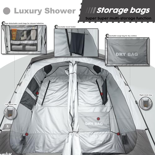 Camping Shower Tent Deluxe Changing Room Easy Set Up Privacy Shelter,Large Toilet Tent with Floor Drain Design for Beach, Camping,Hiking with Stakes and Ropes for Stability - Image 5
