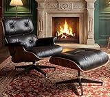 OTDMEL Luxury Top Black Grain Leather Mid Century Chaise Lounge Chair with Ottoman, Premium Handcrafted Walnut Wood, Ergonomic Modern Accent Chair for Living Room Office