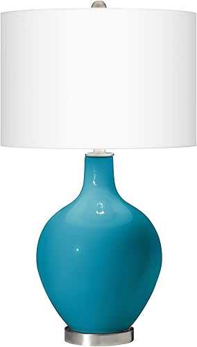 Miniatura 2 de Color + Plus Moderna lámpara de mesa de 28.5 pulgadas de alto azul caribeño de cristal marino OVO blanco lino tambor pantalla para sala de estar,