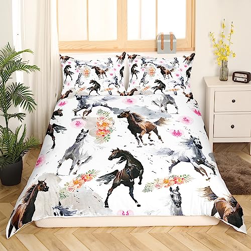 Feelyou Cute Horse Duvet Cover Queen Size Galloping Horse Comforter Cover Floral Print Bedding Set Ink Horse Print Bedspread Cover for Kids Adults with 2 Pillow Case