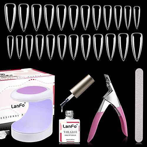 LanFo Nail Tips and Glue Gel Kit, 240 Pcs Full Cover Stiletto Nail Tips with 4 In 1 Nail Gel Mini UV LED Nail Lamp Soft Clear Nail Tips for Gel polish Dip powder Acrylic Nails
