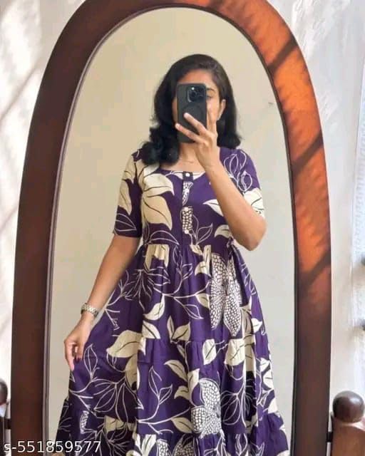 Image of Women's Rayon A-Line Midi Dress, Red and White Floral Print, Short Sleeves, Tiered Design, Round Neck, Summer Wear