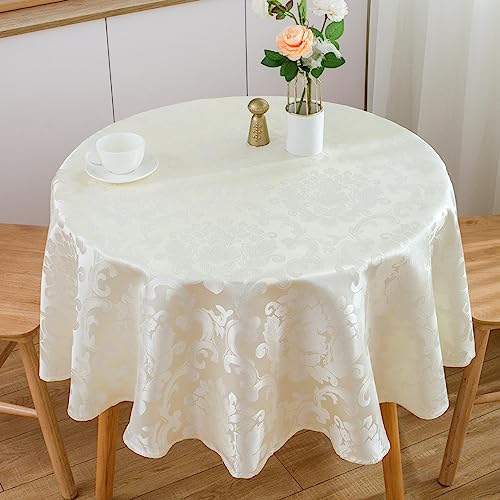 SPRICA Round Jacquard Tablecloth 150cm Classic Flower Pattern Thick Heavy Weight Soft Table Cover, Machine Washable, Beige - Image 2