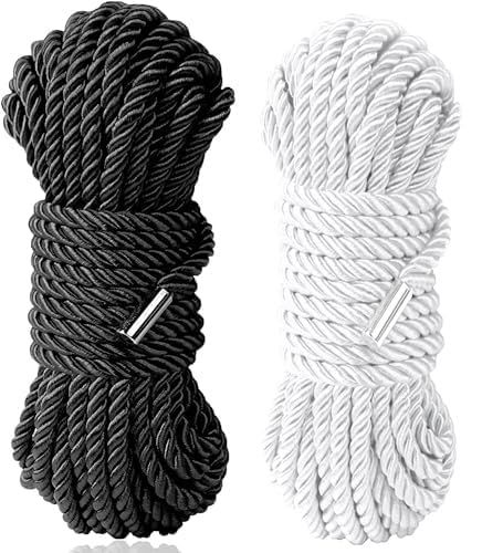 32 feet 8mm(1/3inch) Diameter Soft Silk Rope Solid Braided Twisted Ropes,10m Durable and Strong All Purpose Twine Cord Rope String Thread Shiny Cord (White and Black)
