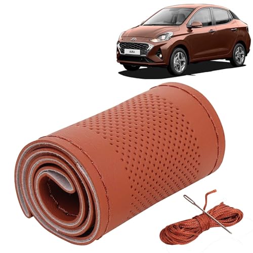 Image of KINGSWAY PU Leatherite Car Steering Cover Sewable Compatible with Hyundai Aura (Year 2020-2022), Tan Color with Tan Thread, Pack of 1 with Sewing Needle and Thread